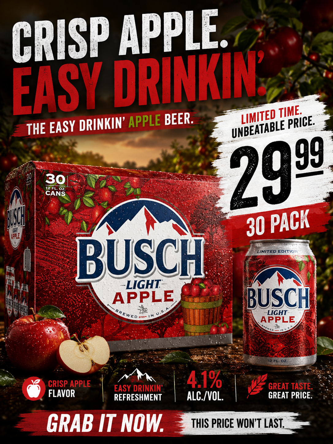 Busch Light Apple 30-pack 12 oz cans for $29.99 — limited time deal