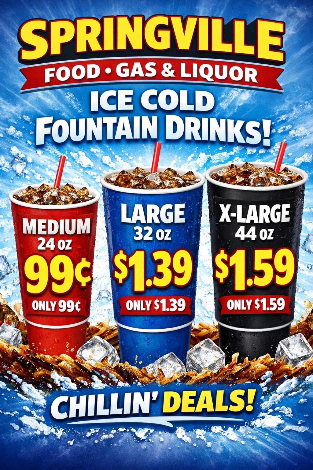 Ice cold fountain drinks: 24 oz 99¢, 32 oz $1.39, 44 oz $1.59