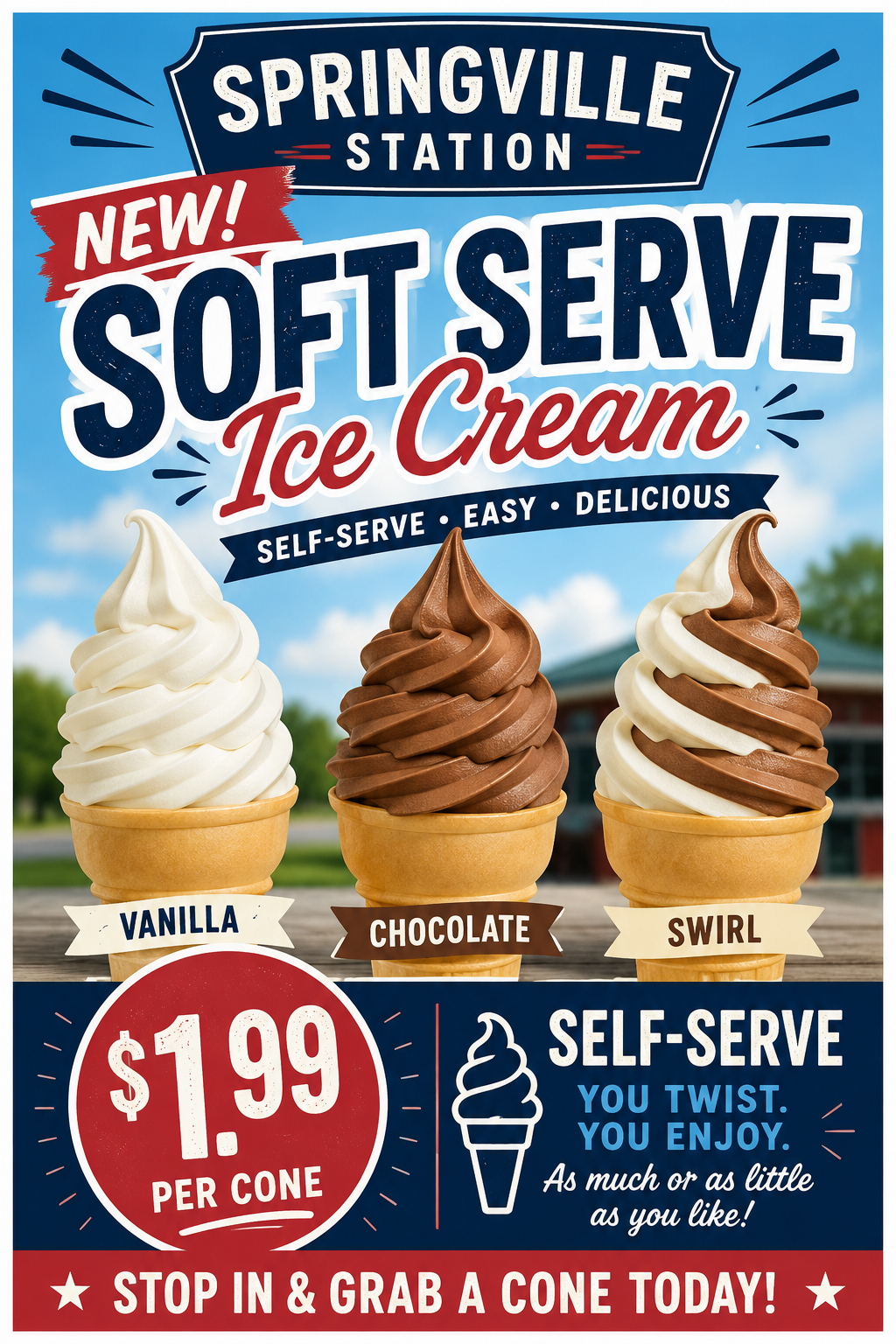 New! Soft Serve Ice Cream at Springville Station — Vanilla, Chocolate, Swirl. Self-serve, $1.99 per cone.